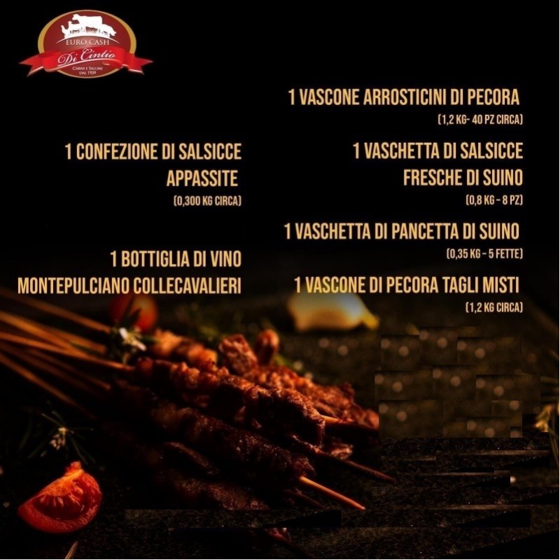 Offerta! Salsicce Fresche + Arrosticini + Pancetta + Pecora + Salsicce appassite + Vino Rosso